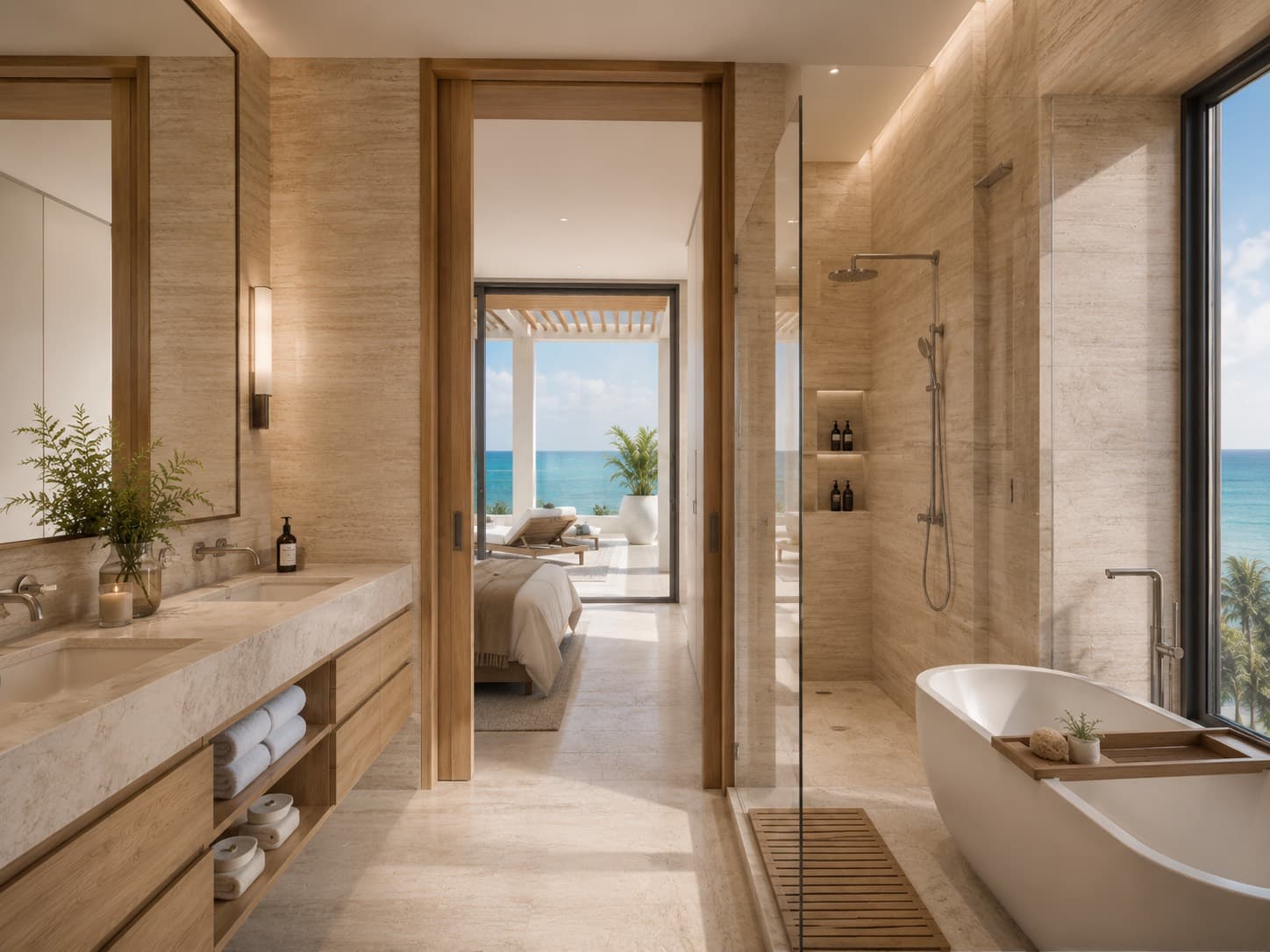 Travertine bathroom with freestanding bath and rain shower