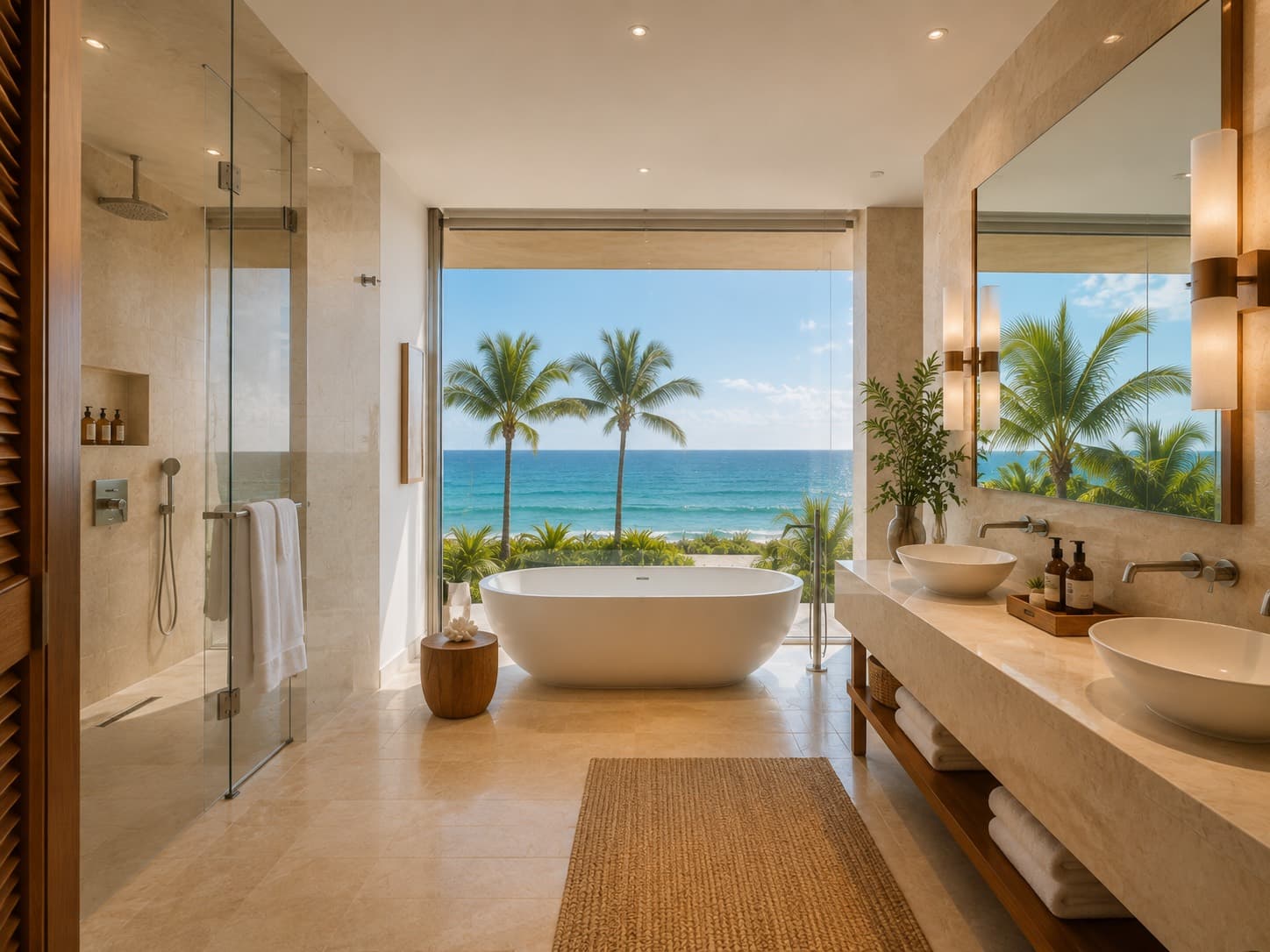 Bathroom with freestanding bath facing the garden