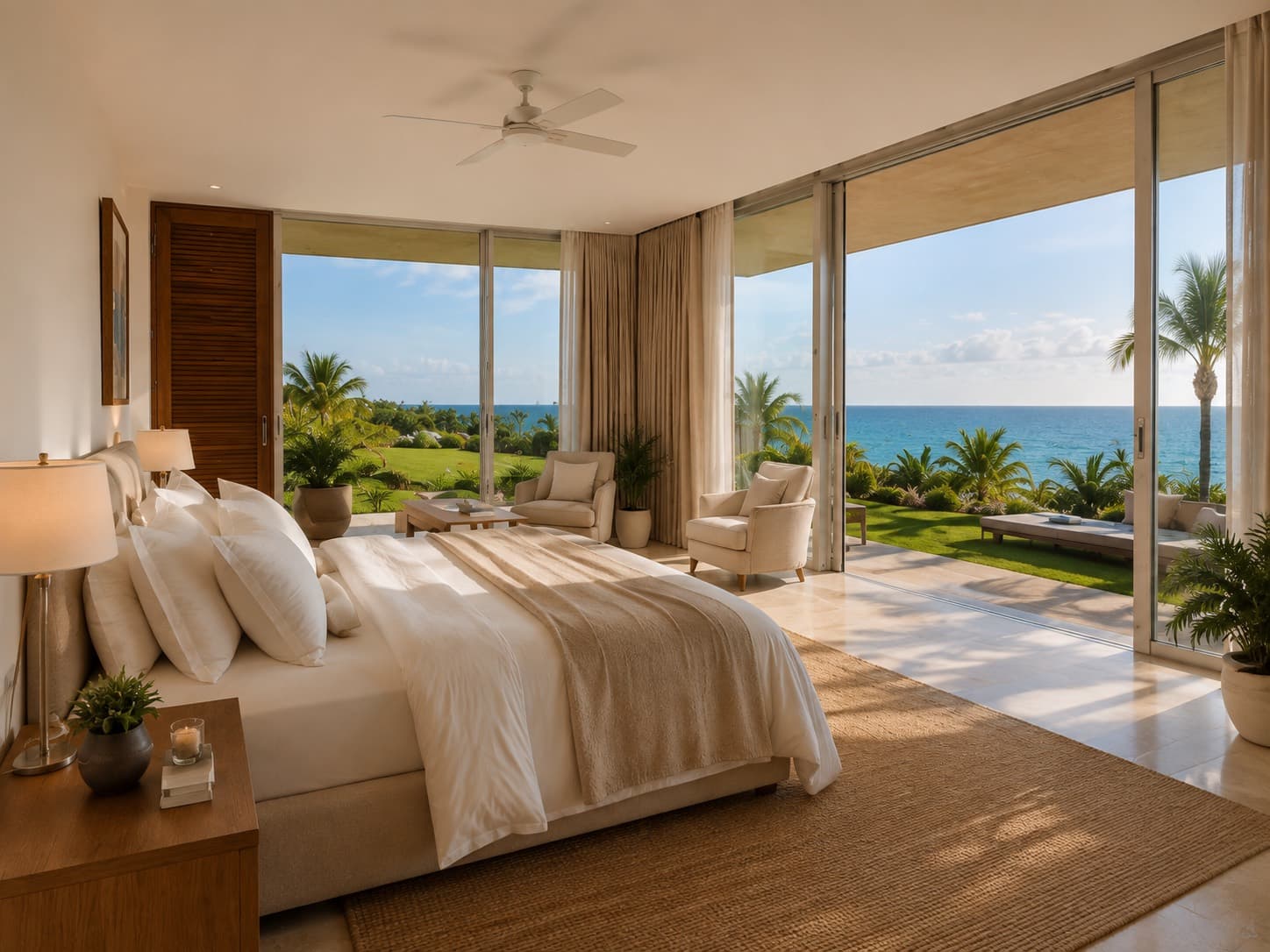 King bedroom sliding open to the lawn
