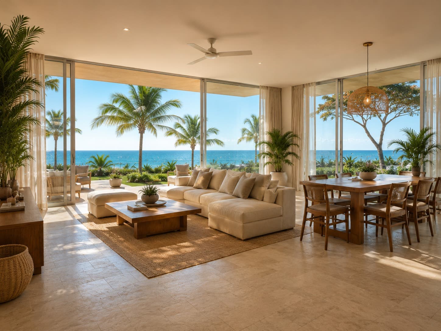 Living and dining room opening to the lawn and sea