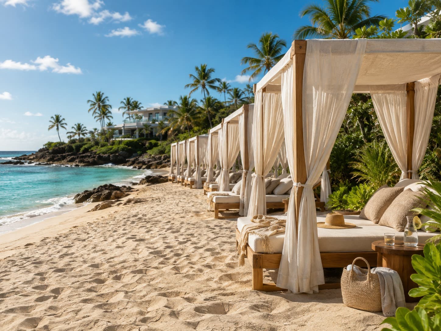 Canopied cabanas along the sand