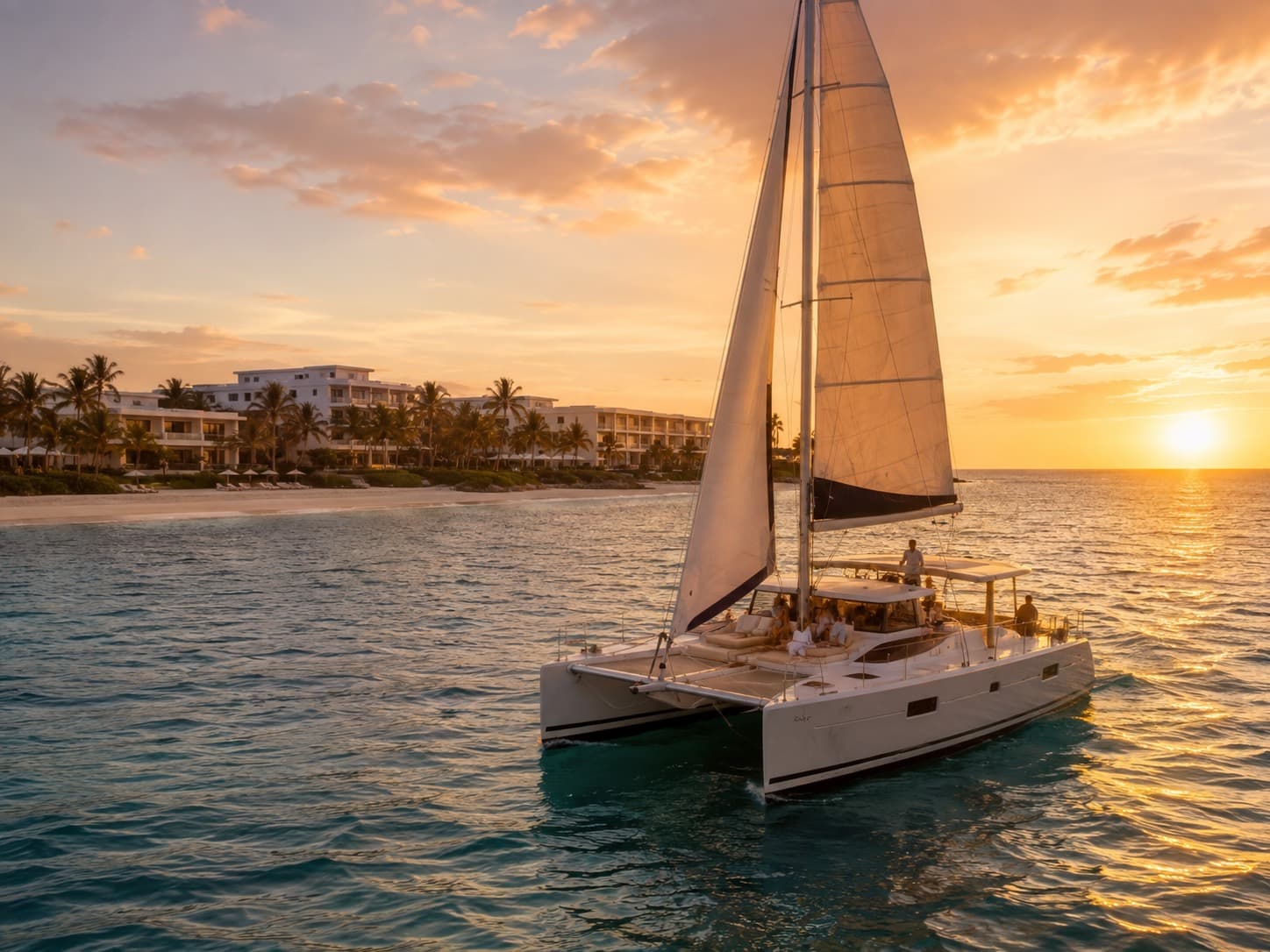 The house catamaran under sail at sunset