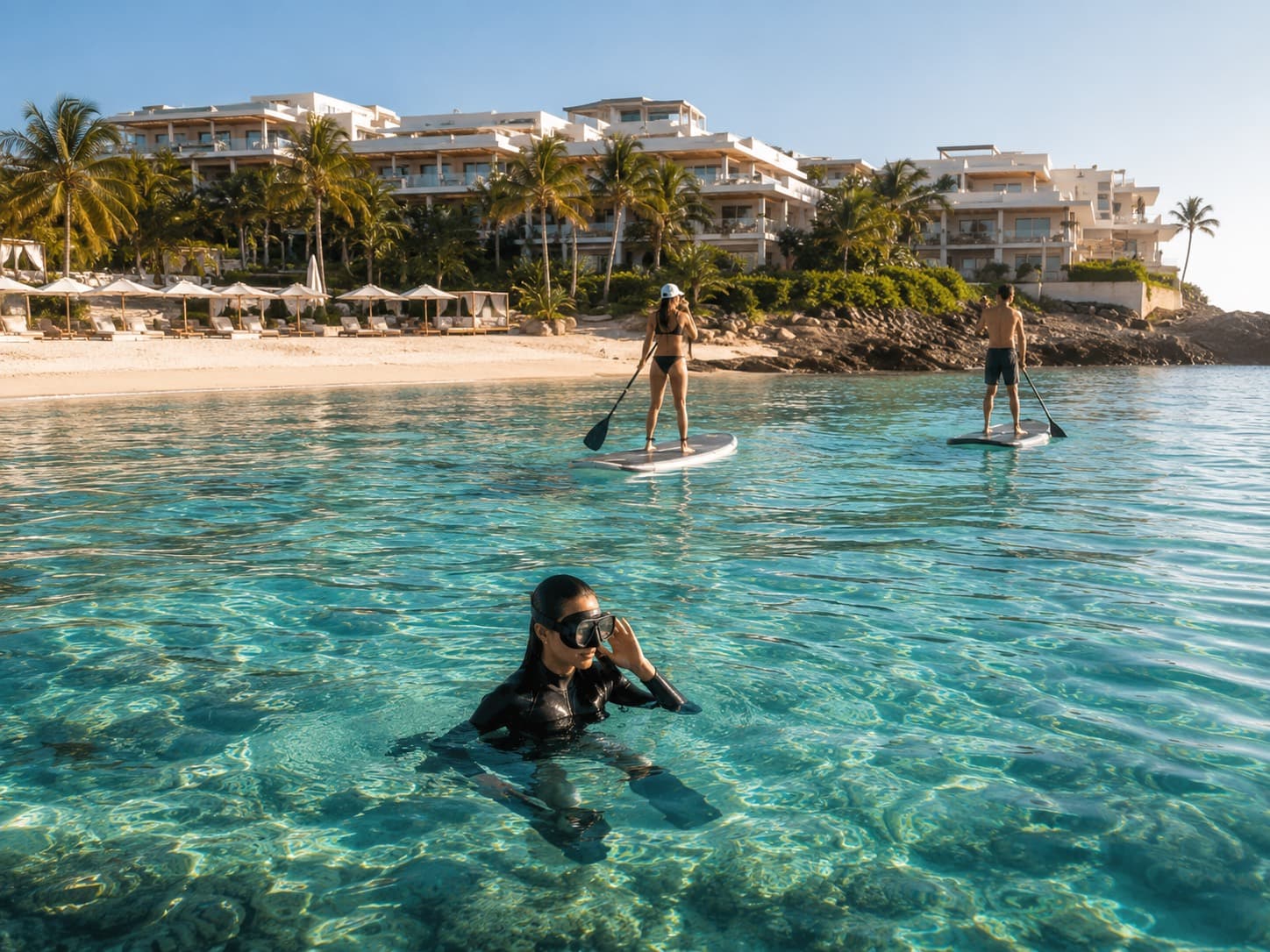 Paddleboarders and a freediver in the cove at morning