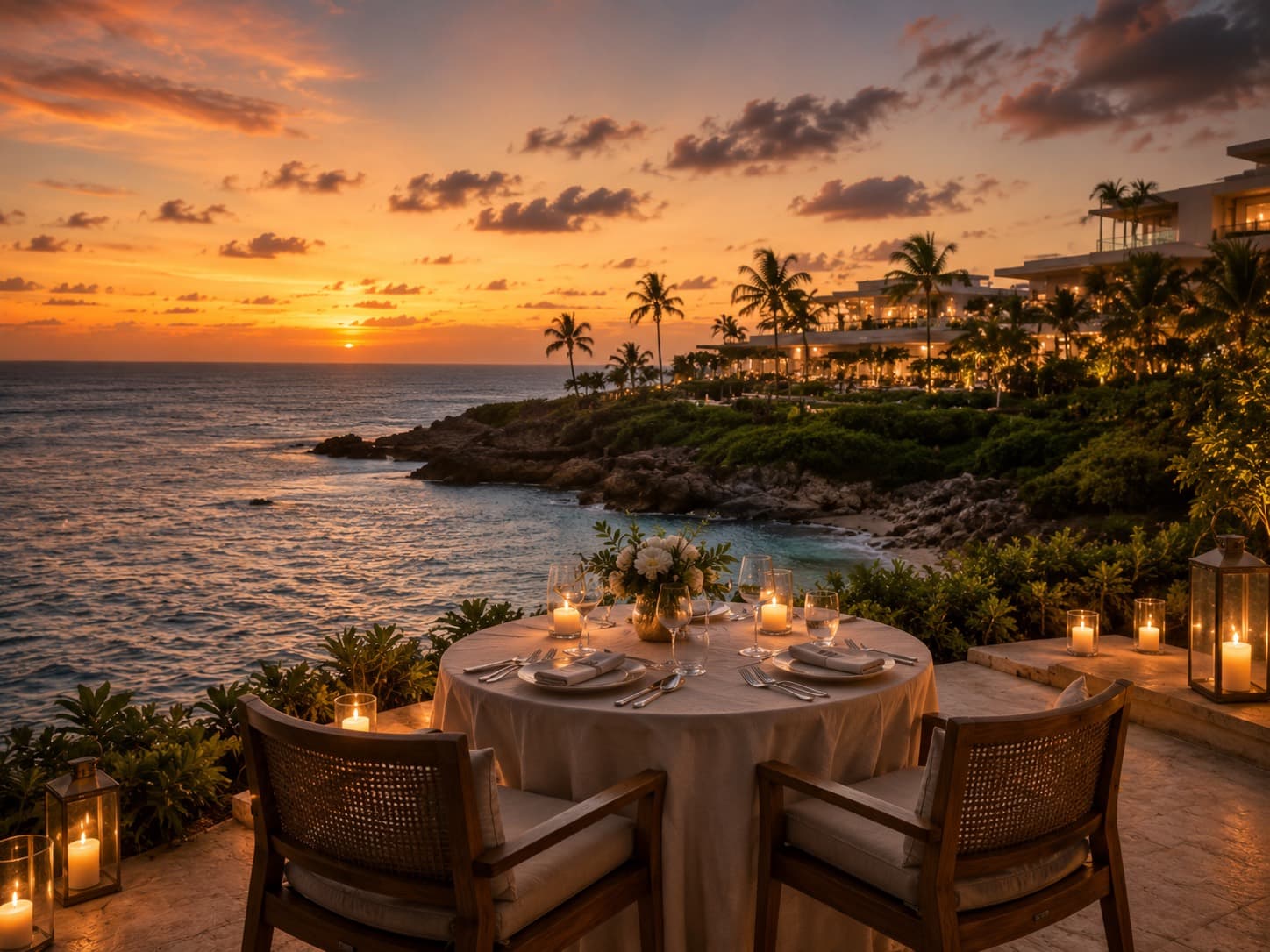 A candlelit table for two on the point at sunset