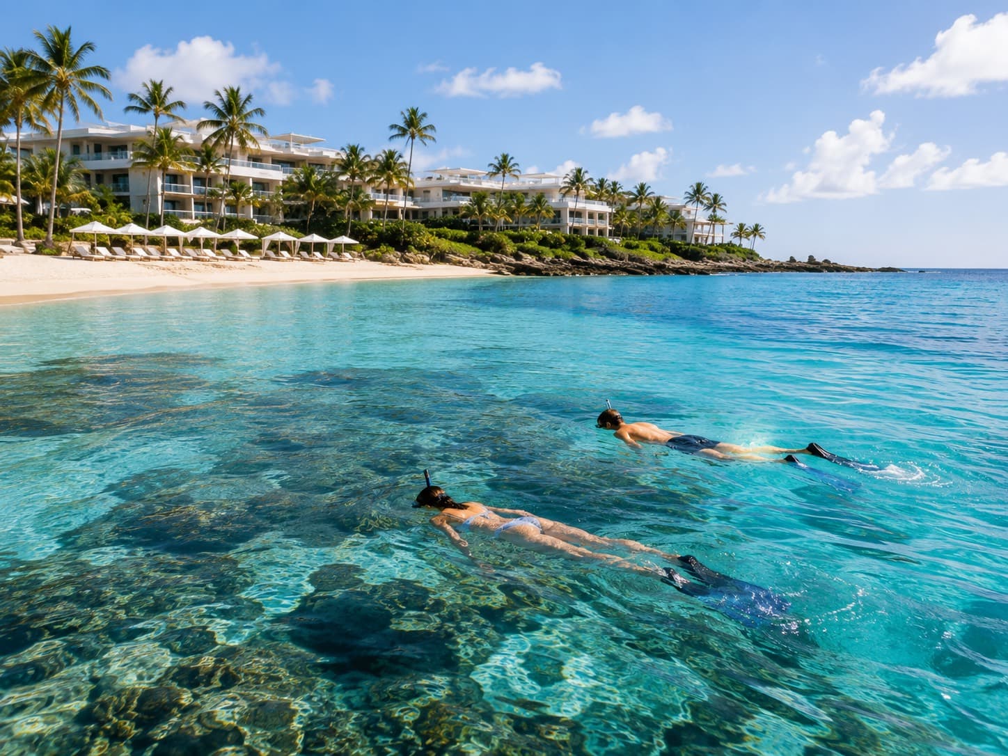 Snorkelers over the reef in front of the beach