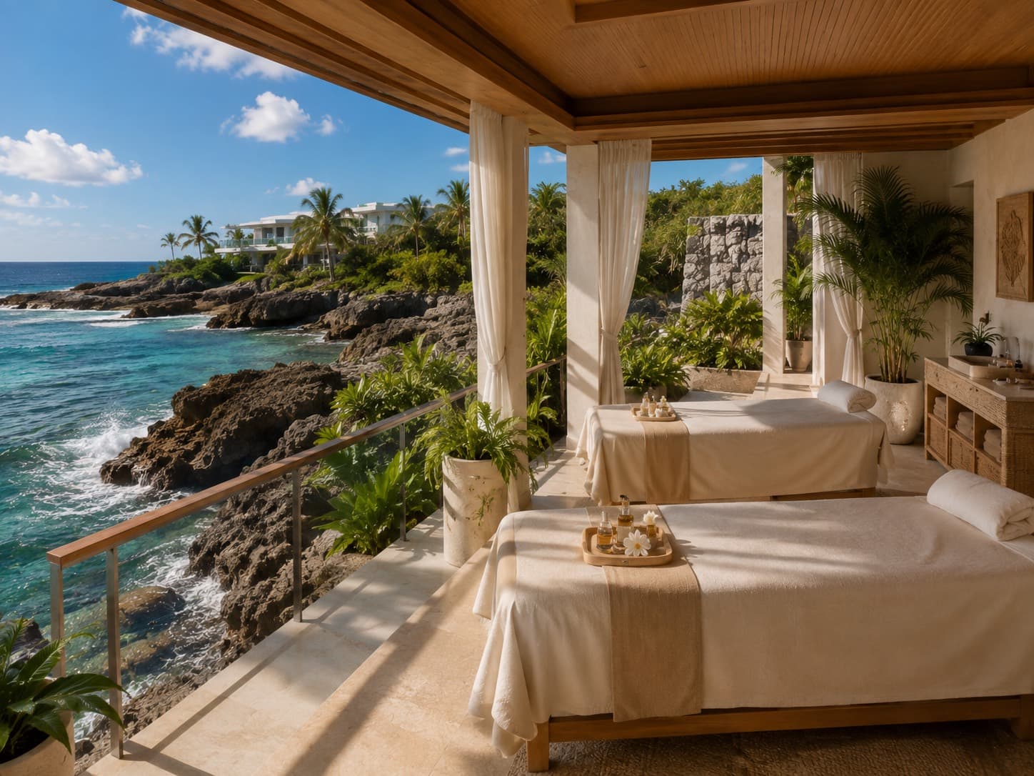 Open-air spa tables above the tide pools