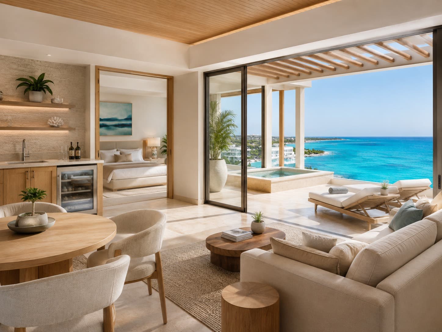 Living and dining room opening to the terrace and plunge pool