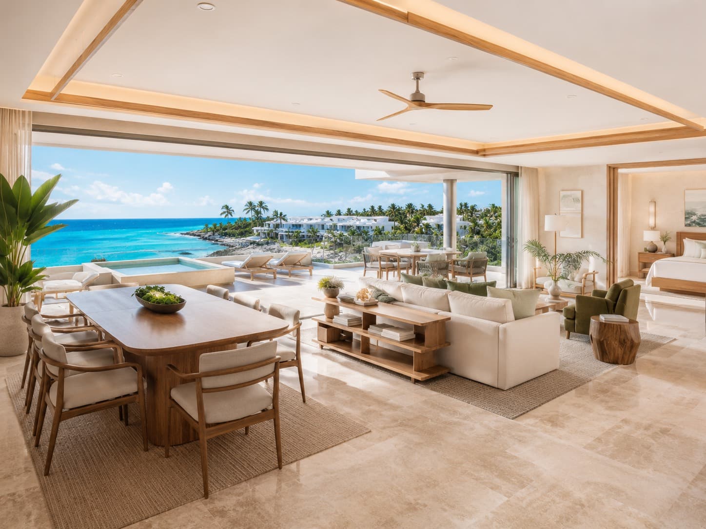 The great room opening to the terrace and coast
