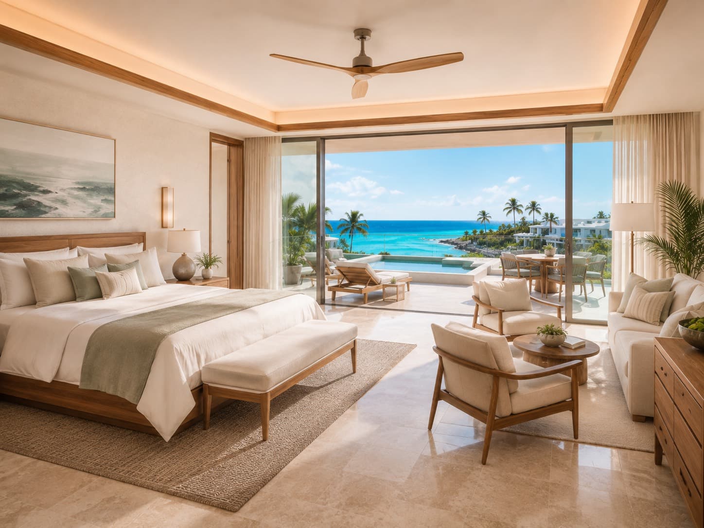 Master bedroom opening onto the terrace pool