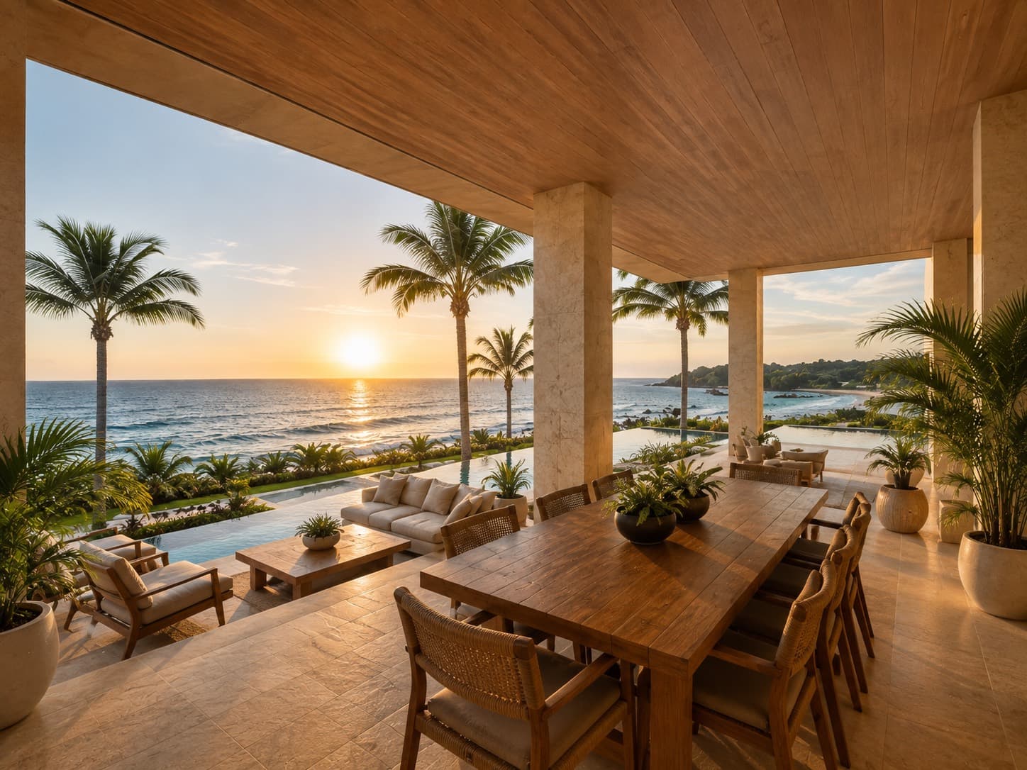 Covered terrace with private pool and dining at sunset